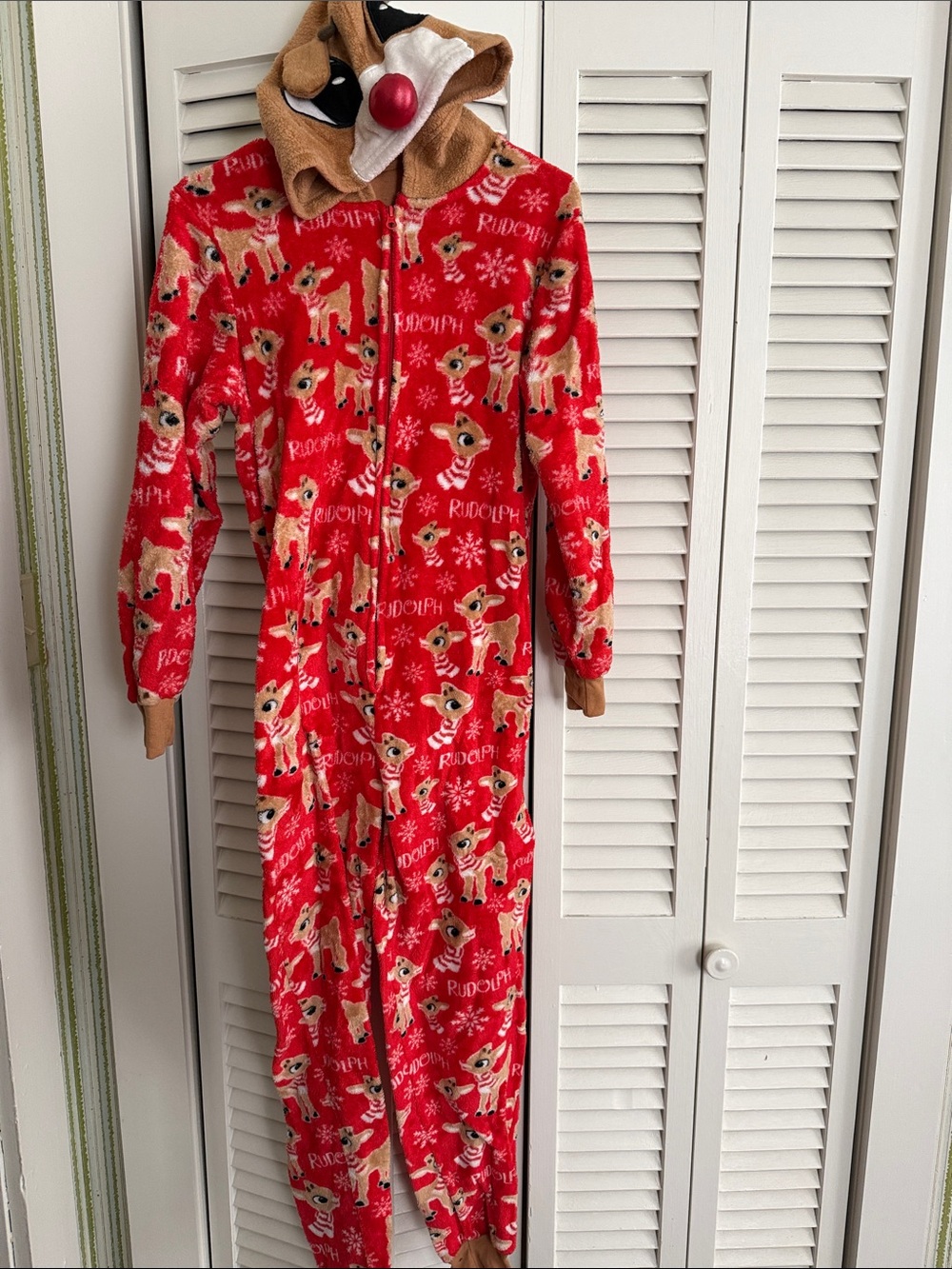 Cozy Red Rudolph Hooded Fleece Onesie Pajamas